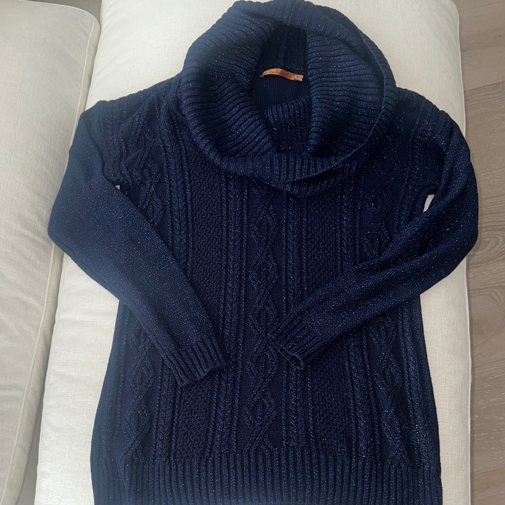 Belldini Navy Blue Metallic Cable Knit Cowl Neck Sweater - Size S